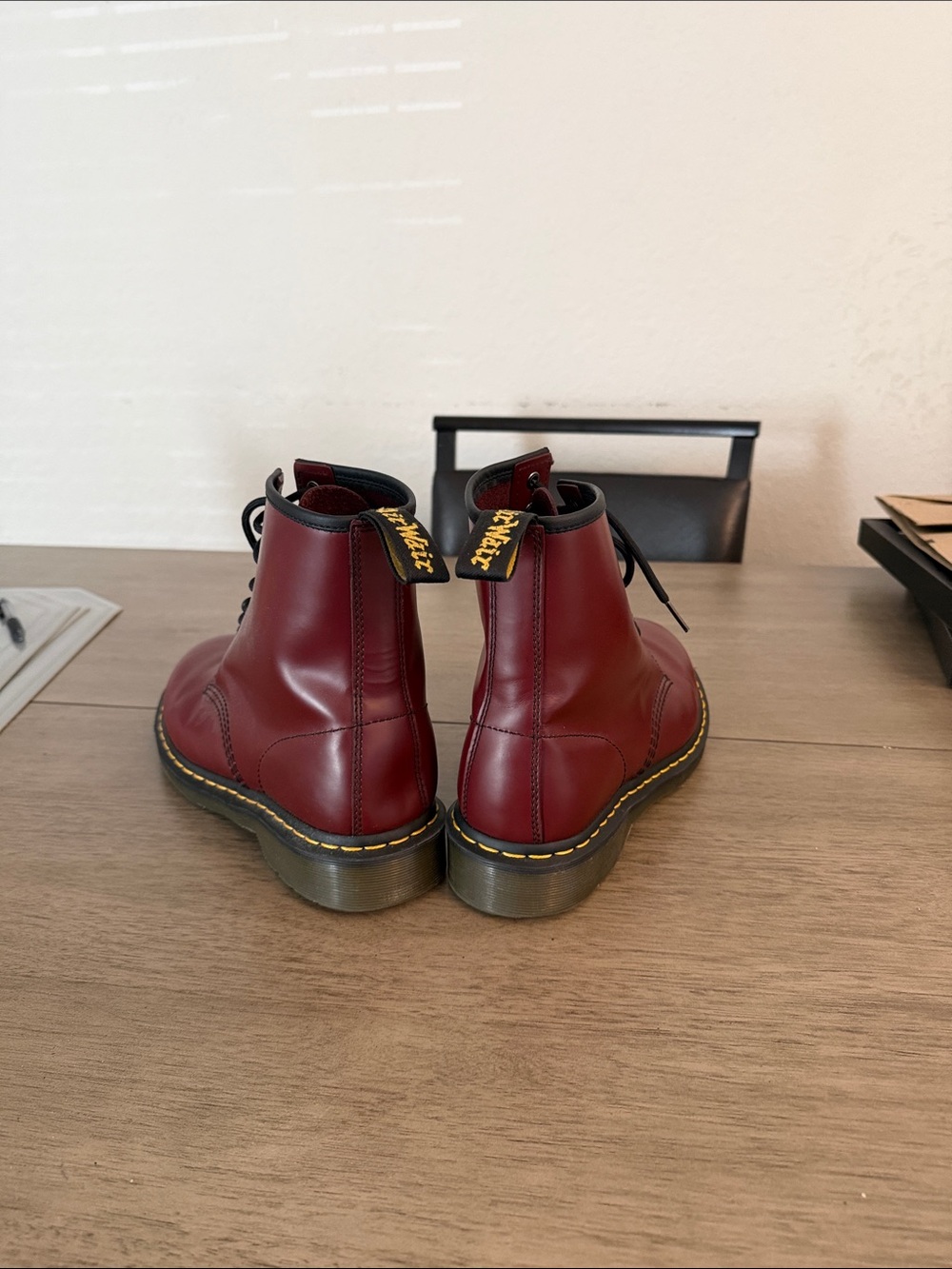 Cherry Red Leather Lace-Up Boots with Yellow Stitching - Picture 4 of 4